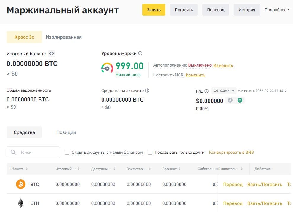 Кошелек Кросс маржа на Бинанс