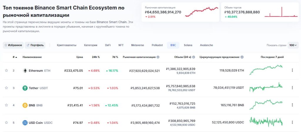 Монеты категории Binance Smart Chain Ecosystem по рыночной капитализации