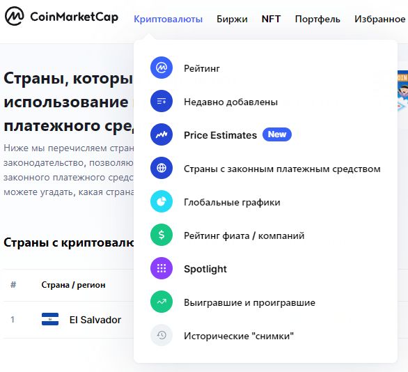 Меню "Криптовалюты" на coinmarketcap