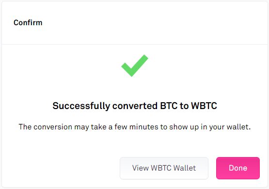 Конвертация (Mint) BTC to WBTC прошел успешно