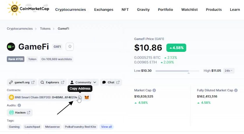 Контракт токена GAFI на Coinmarketcap