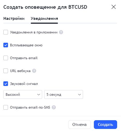 Настройка уведомлений в TradingView