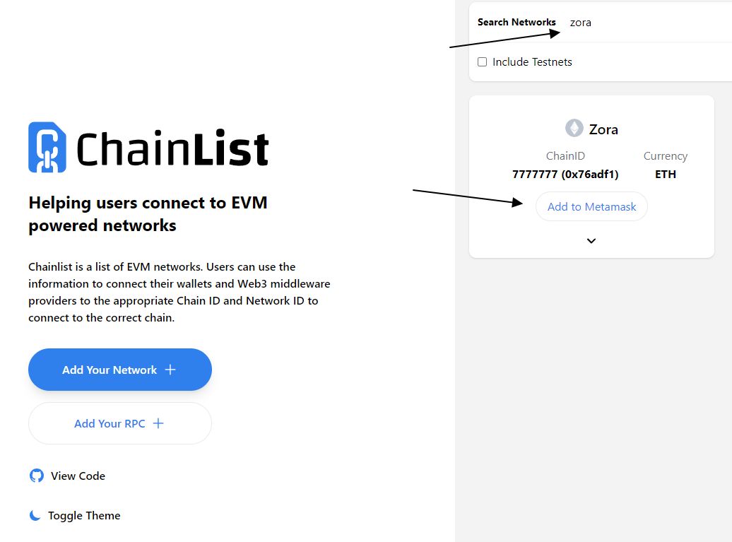 Додаємо мережу Zora до Metamask