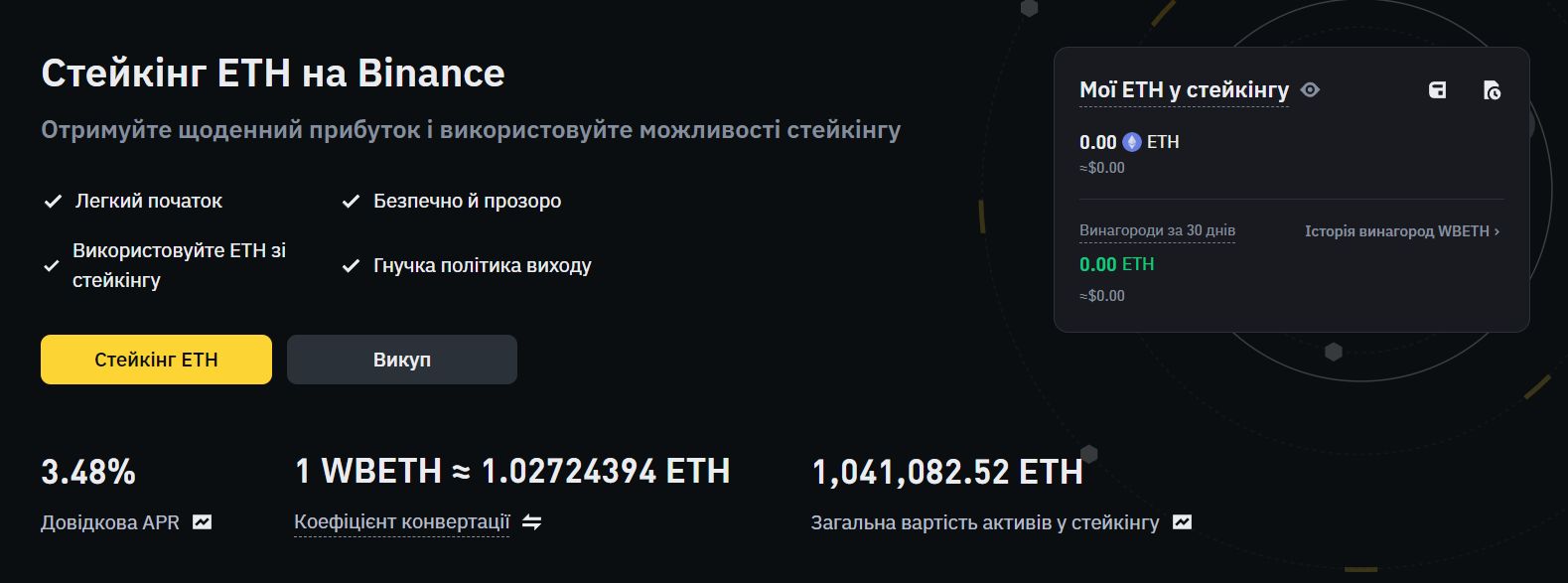 Стейкінг ETH на біржах