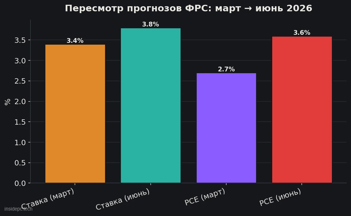 Пересмотр прогнозов ФРС с марта по июнь 2026: медиана ставки на конец 2026 года и прогноз PCE-инфляции, в процентах