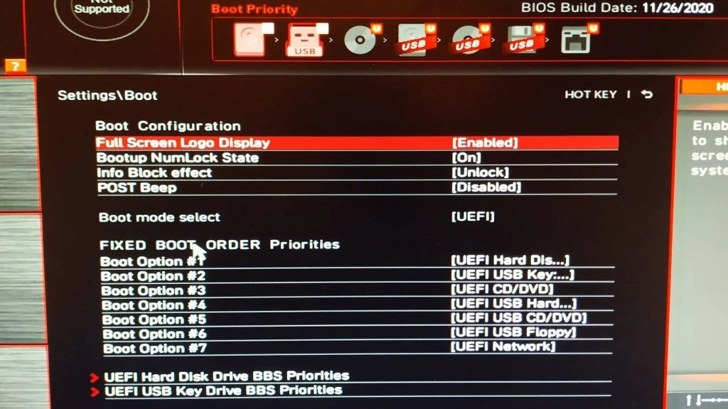 Раздел Boot в BIOS MSI: режим загрузки UEFI и выбор загрузочного устройства