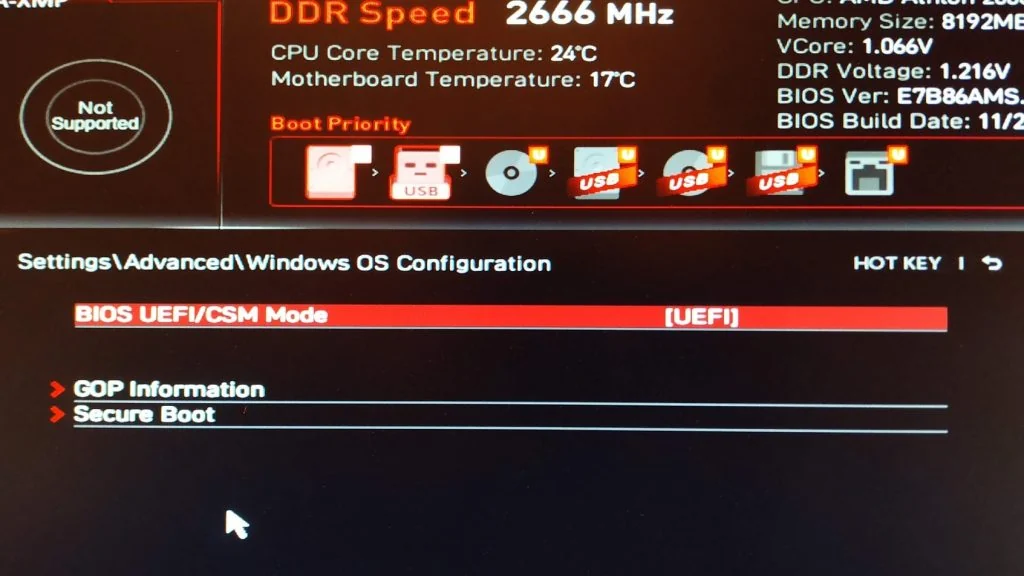 Раздел Windows OS Configuration в BIOS MSI: режим UEFI вместо CSM