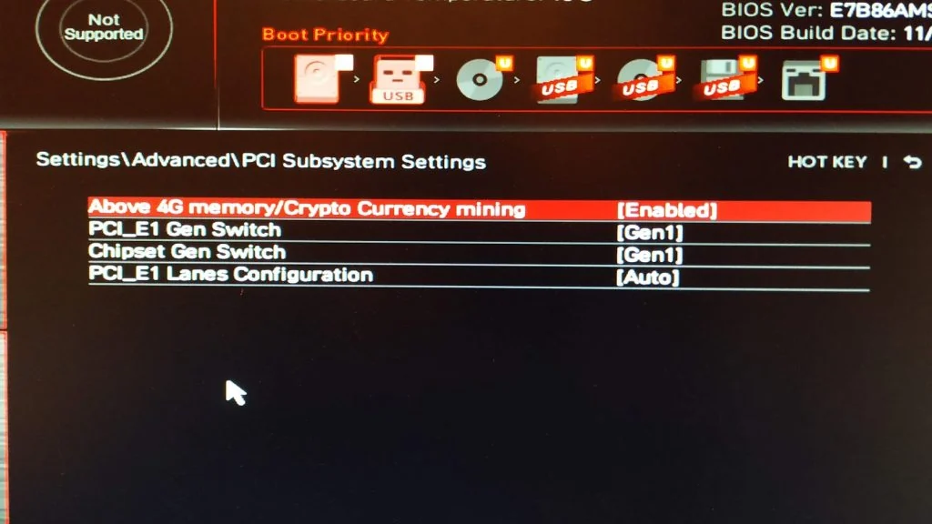 Раздел PCI Subsystem Settings в BIOS MSI: опция Above 4G memory/Crypto Currency mining включена, переключатели Gen1