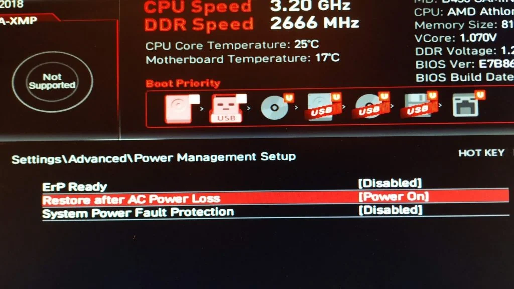 Раздел Power Management Setup в BIOS MSI: Restore after AC Power Loss переведён в Power On