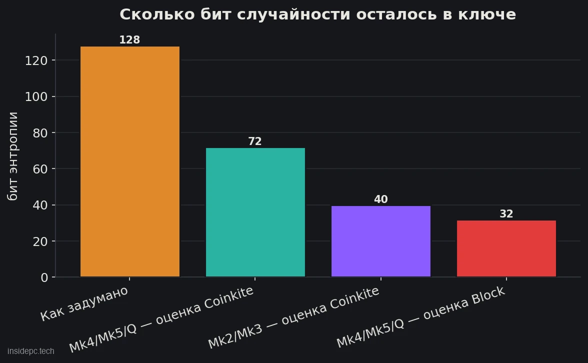 Скільки біт випадковості лишилося в ключі: 128 за проєктом, 72 за оцінкою Coinkite для Mk4/Mk5/Q, 40 за оцінкою Coinkite для Mk2/Mk3 і 32 за оцінкою Block для тих самих Mk4/Mk5/Q