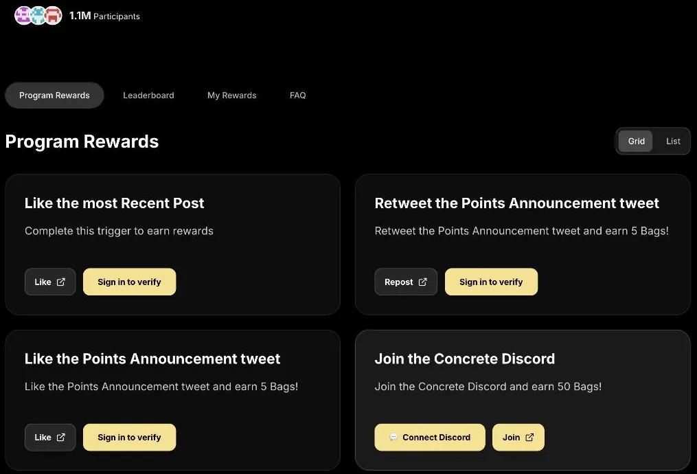 Портал очков Concrete points.concrete.xyz: 1,1 млн участников и карточки заданий за Bags