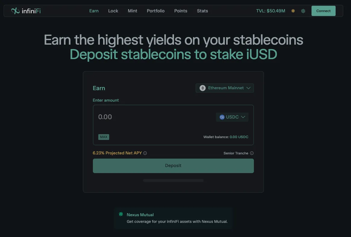Форма Earn в приложении infiniFi: депозит USDC в сети Ethereum Mainnet, прогнозная доходность 6,23% годовых и TVL протокола $50,49 млн в шапке