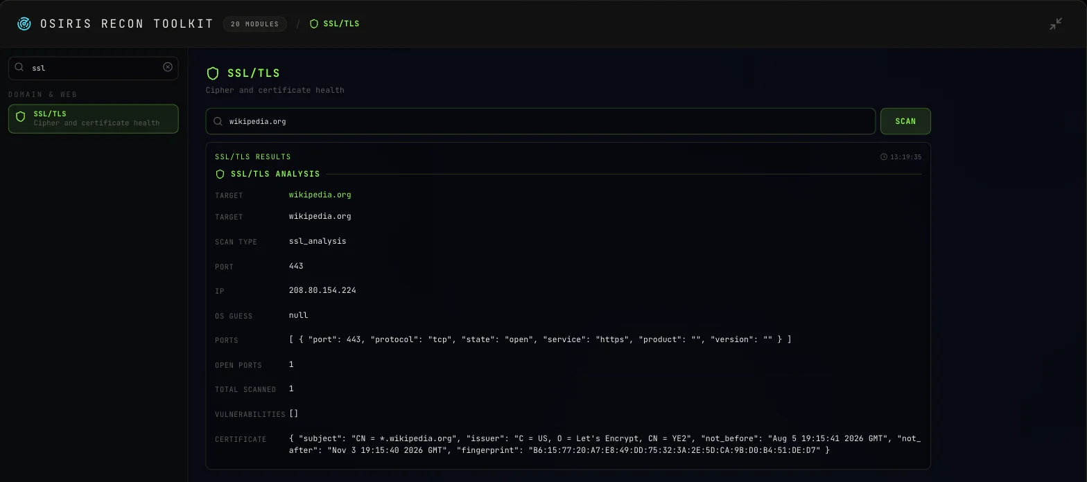 Модуль SSL/TLS в Osiris: сертифікат wikipedia.org від Let's Encrypt, чинний до 3 листопада 2026 року, дані виведено JSON-рядком