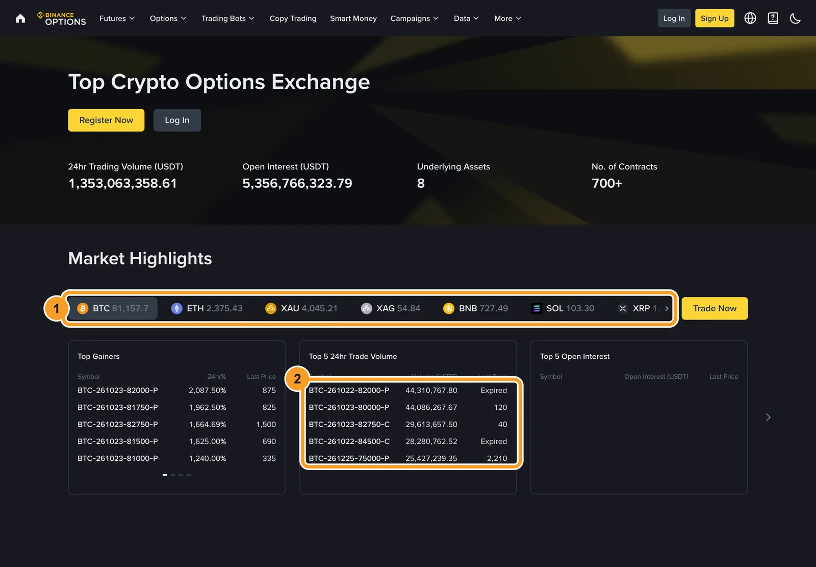 Публичная страница Binance Options 22 октября 2026 года: 1 — базовые активы опционов, 2 — серии BTC с датой экспирации в тикере, вчерашние уже Expired