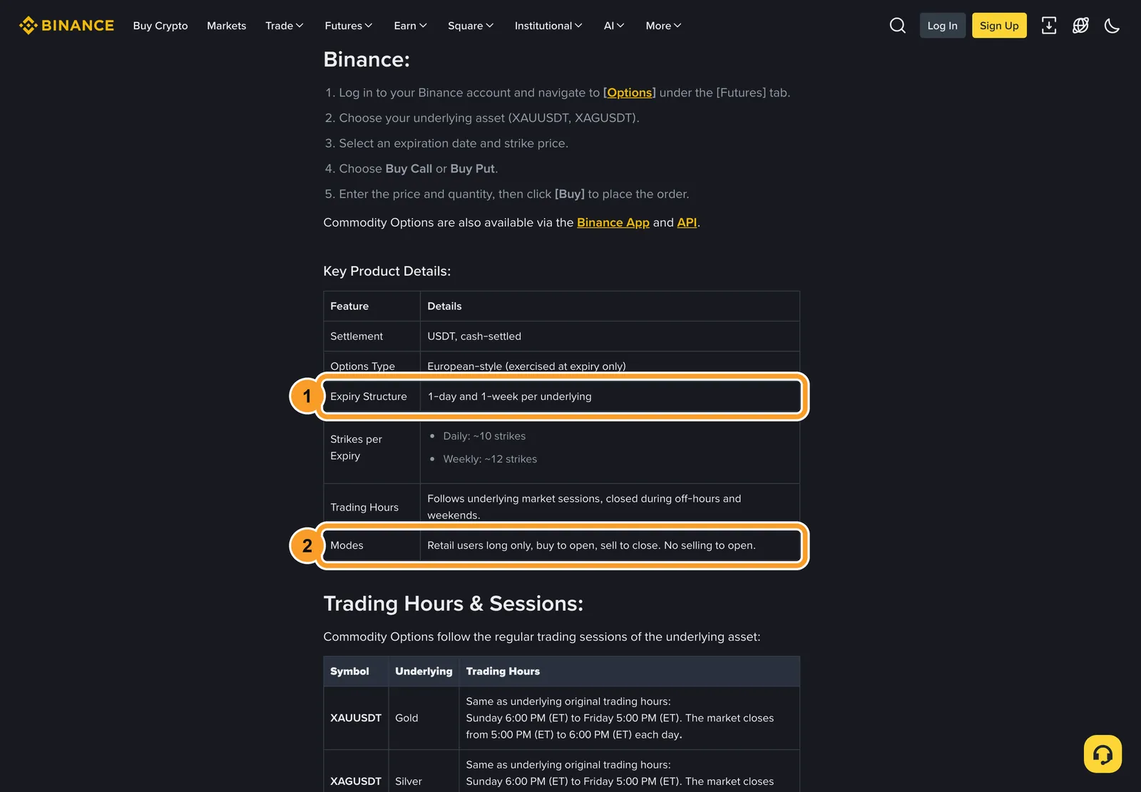 Объявление Binance об опционах на золото и серебро: 1 — сроки 1 день и 1 неделя, 2 — розница только покупает и закрывает продажей