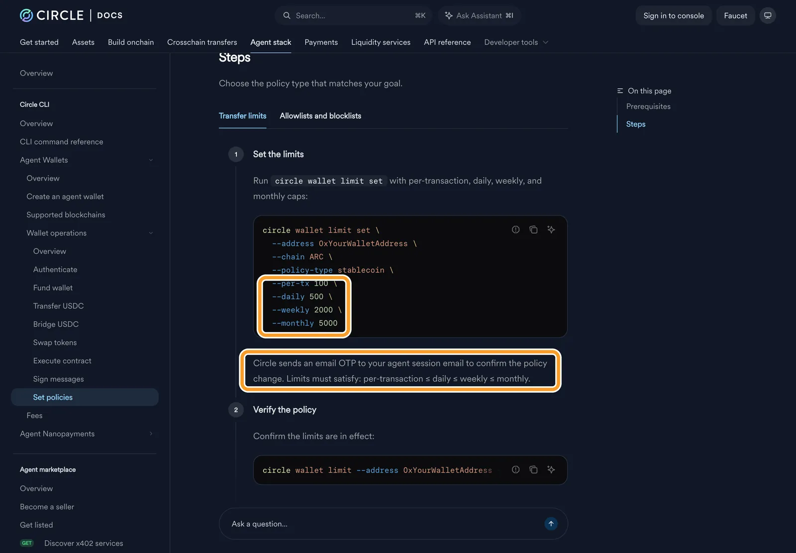 Документация Circle: команда circle wallet limit set с окнами за платёж, сутки, неделю и месяц и условие порядка лимитов