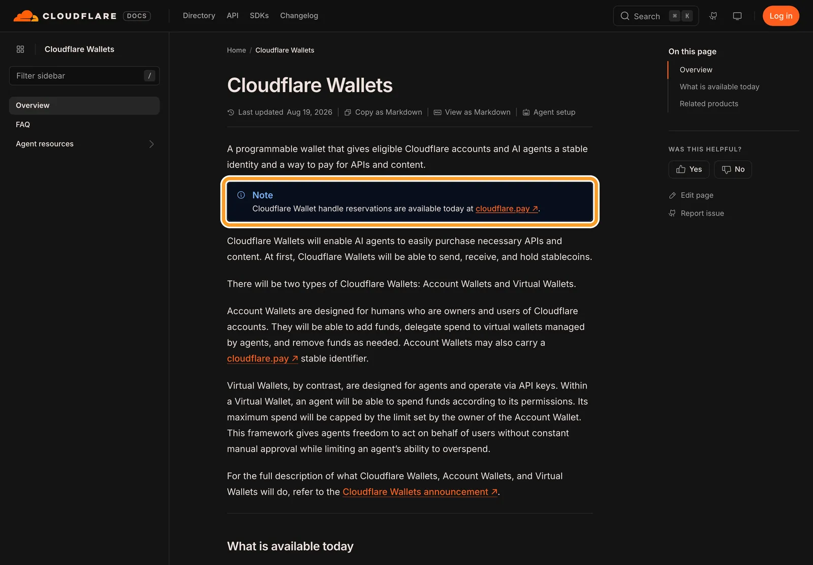 Документация Cloudflare Wallets: доступно только резервирование имени кошелька на cloudflare.pay