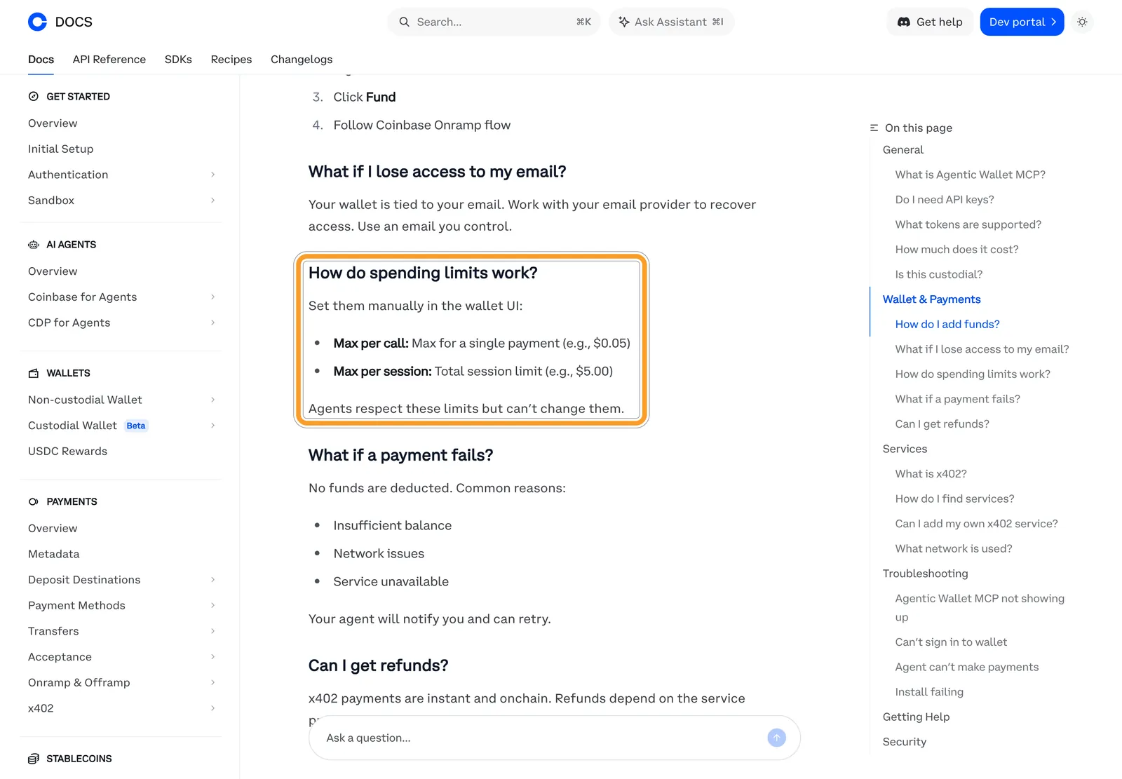 Документация Coinbase Agentic Wallet: раздел о том, как работают лимиты трат — Max per call и Max per session