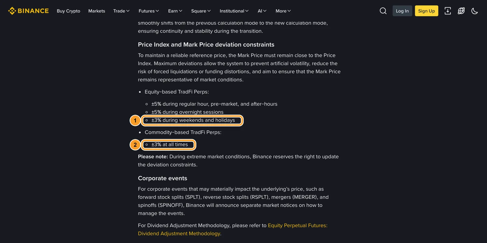 Раздел FAQ Binance о допусках mark price: 1 — ±3% для перпов на акции в выходные и праздники, 2 — ±3% для перпов на сырьё в любое время