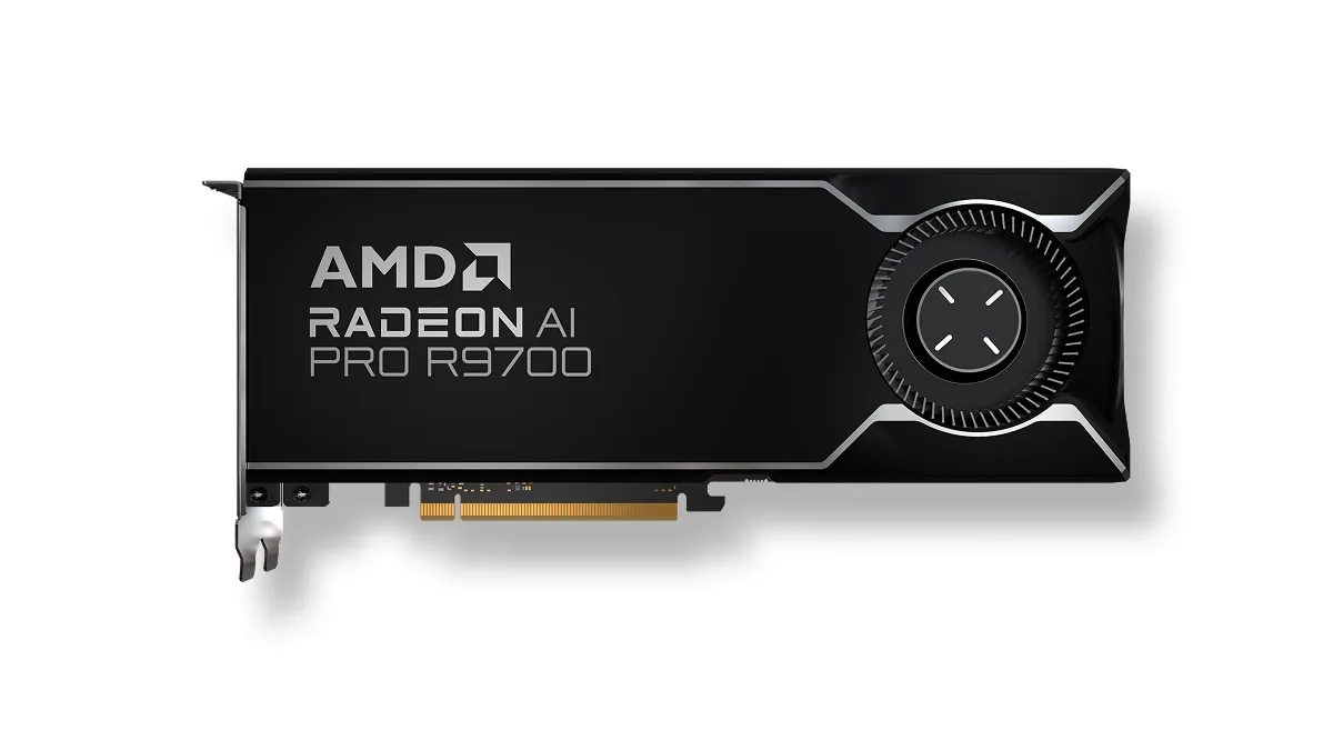 Видеокарта AMD Radeon AI Pro R9700 32GB с турбинным охлаждением, вид сбоку