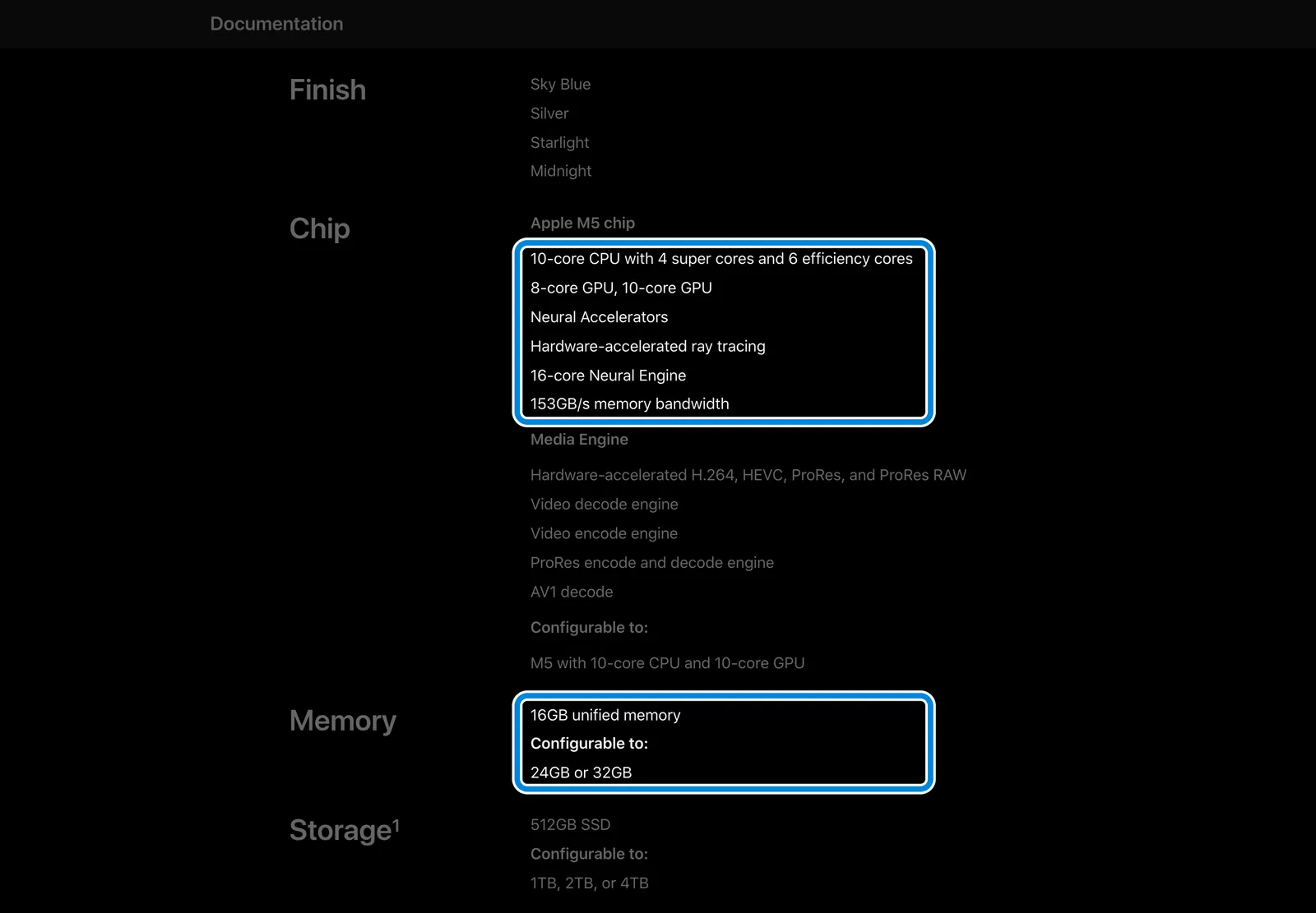 Спецификации MacBook Air 13 на M5 на сайте Apple Support: 10-ядерный процессор, видеоядро на 8 или 10 ядер, 153 ГБ/с и 16 ГБ памяти с опцией 24 или 32 ГБ