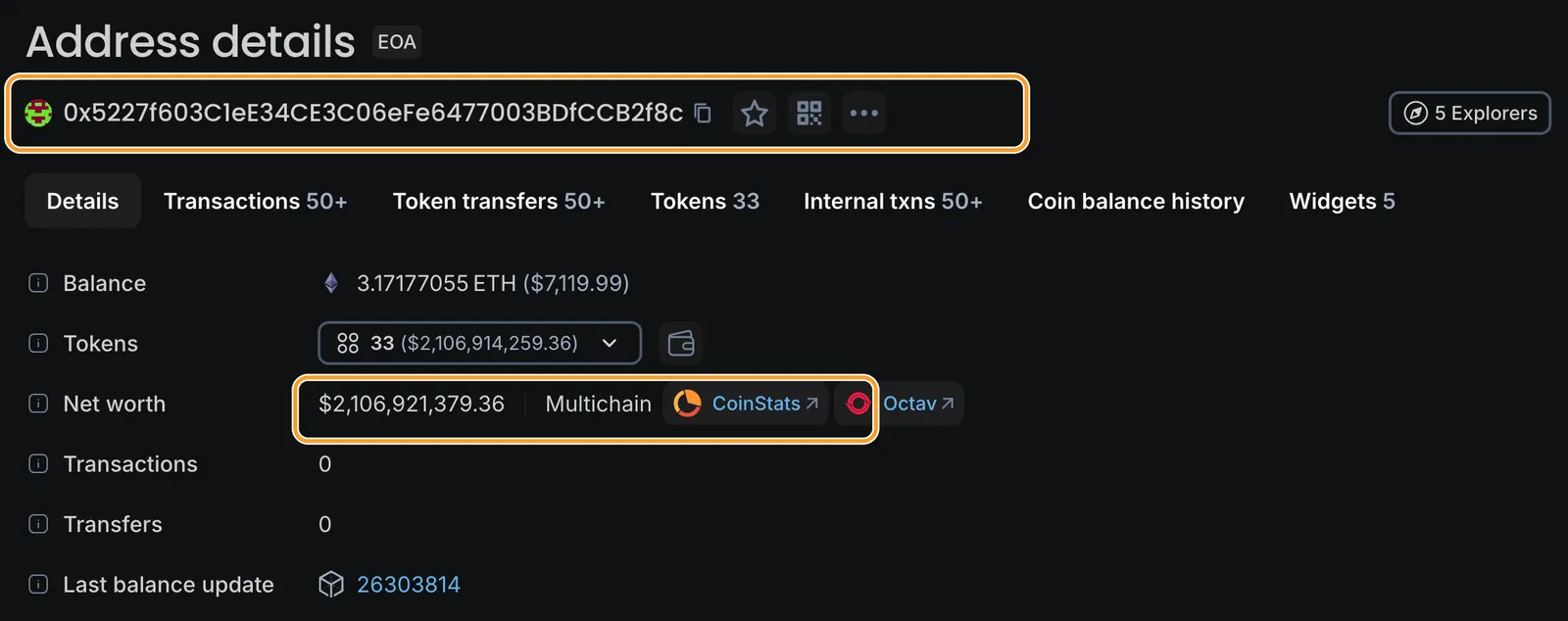 Страница адреса 0x5227…2f8c на Blockscout: рамка 1 — полный адрес основного получателя украденного у Binance, рамка 2 — оценка содержимого около $2,107 млрд