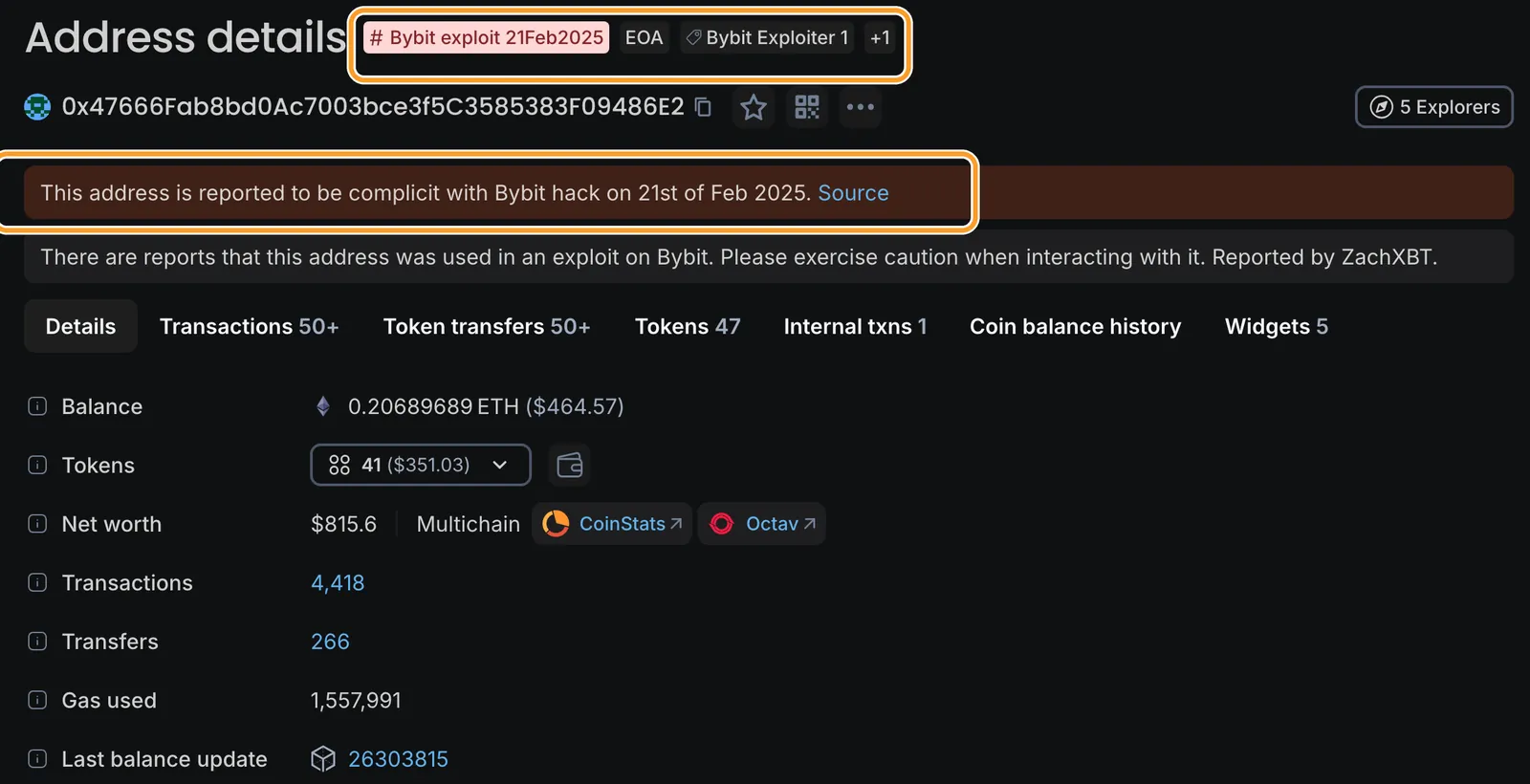 Сторінка адреси Bybit Exploiter 1 на Blockscout: рамка 1 — мітки «Bybit exploit 21Feb2025» і «Bybit Exploiter 1», рамка 2 — попередження про причетність адреси до зламу Bybit