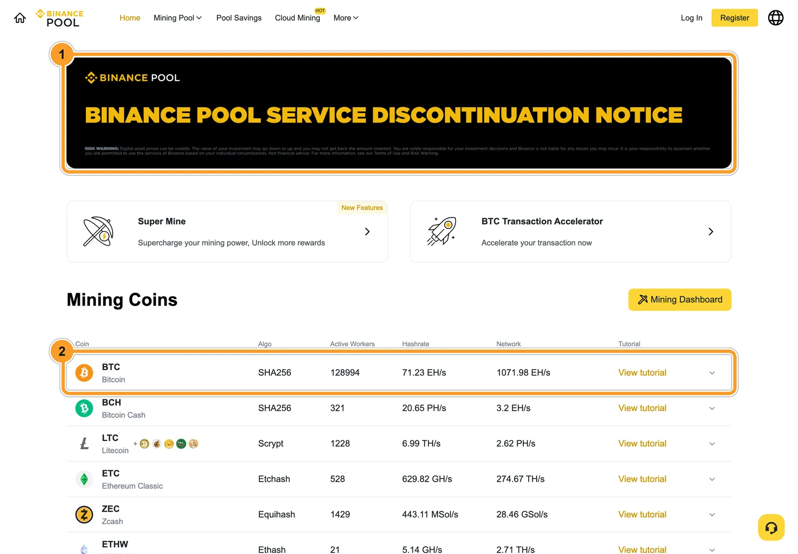 Главная страница майнинг-пула Binance 20 октября 2026 года: рамка 1 — баннер о прекращении работы, рамка 2 — строка BTC с 128 994 воркерами и хешрейтом 71,23 EH/s
