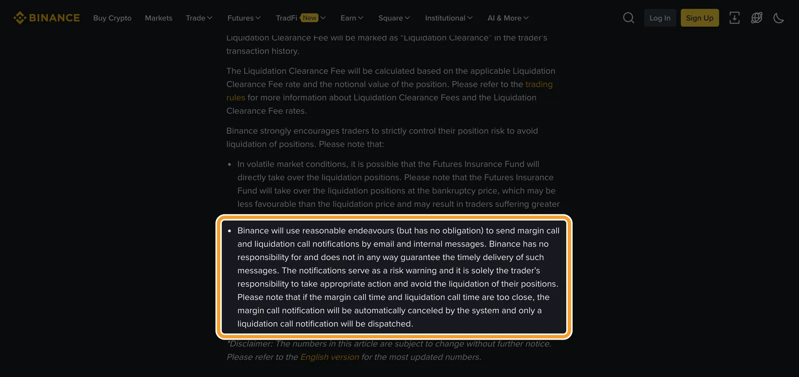 Правила ліквідації Binance Futures: рамкою виділено абзац про те, що сповіщення про маржу й ліквідацію надходять поштою і у внутрішніх повідомленнях без гарантії доставки