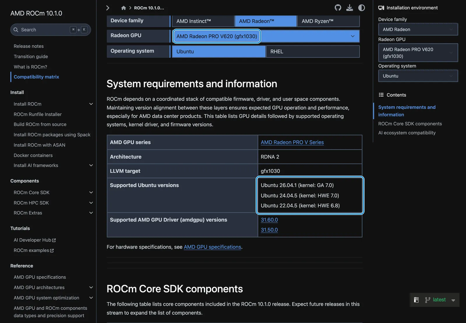 Матриця ROCm 10.1.0 для Radeon PRO V620: підтримувані версії Ubuntu
