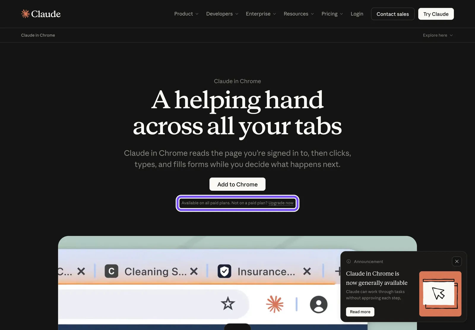 Страница Claude in Chrome: рамкой выделена строка «Available on all paid plans»