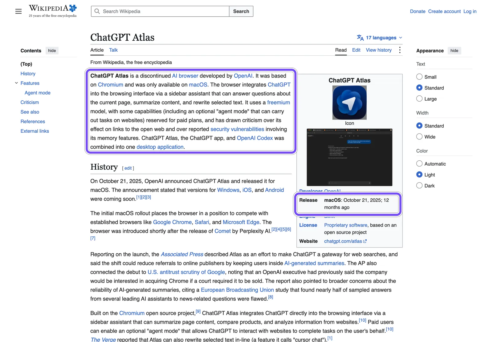 Статья Wikipedia о ChatGPT Atlas: рамкой выделены статус «discontinued», работа только на macOS и дата релиза 21 октября 2025 года