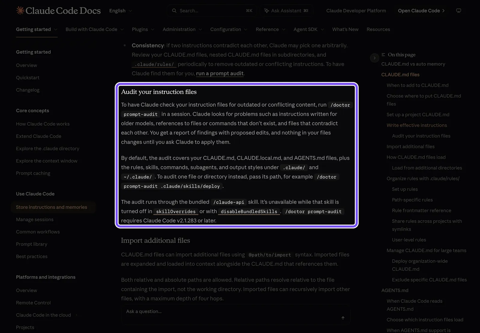 Документація Claude Code: розділ Audit your instruction files із командою /doctor prompt-audit і вимогою версії 2.1.283