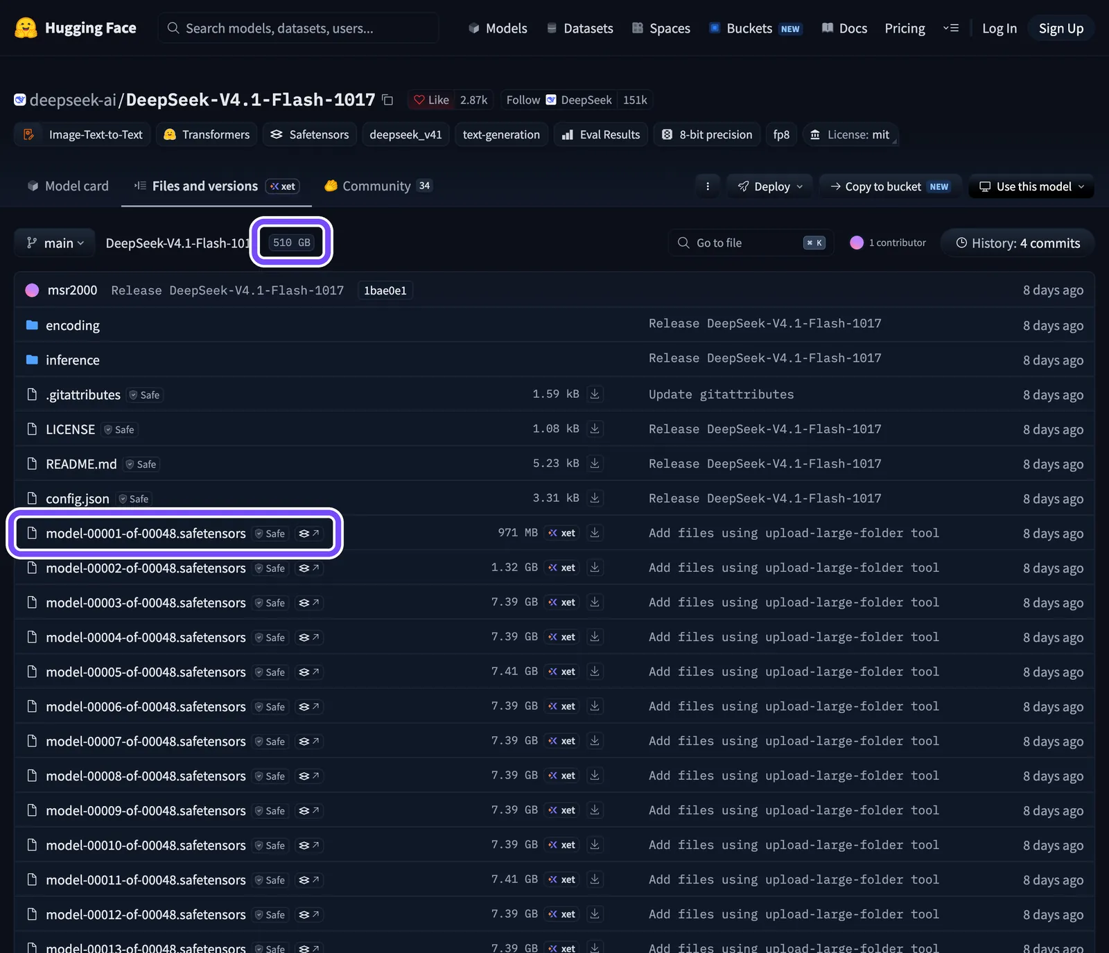 Файли оригінальних ваг DeepSeek V4.1 Flash на Hugging Face — 48 файлів, близько 510 ГБ