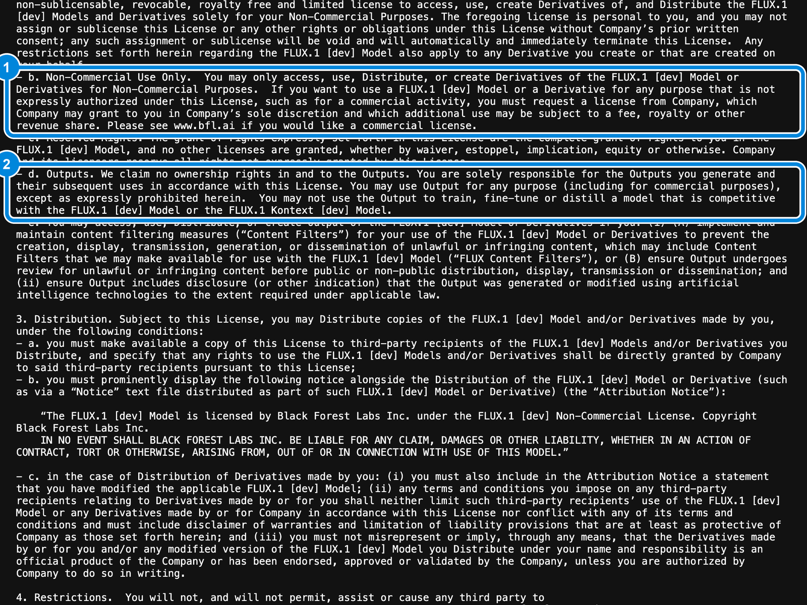Лицензия FLUX.1 dev v1.1.1 на GitHub BFL: рамка 1 — пункт 2b о весах, рамка 2 — пункт 2d о результатах (Outputs)