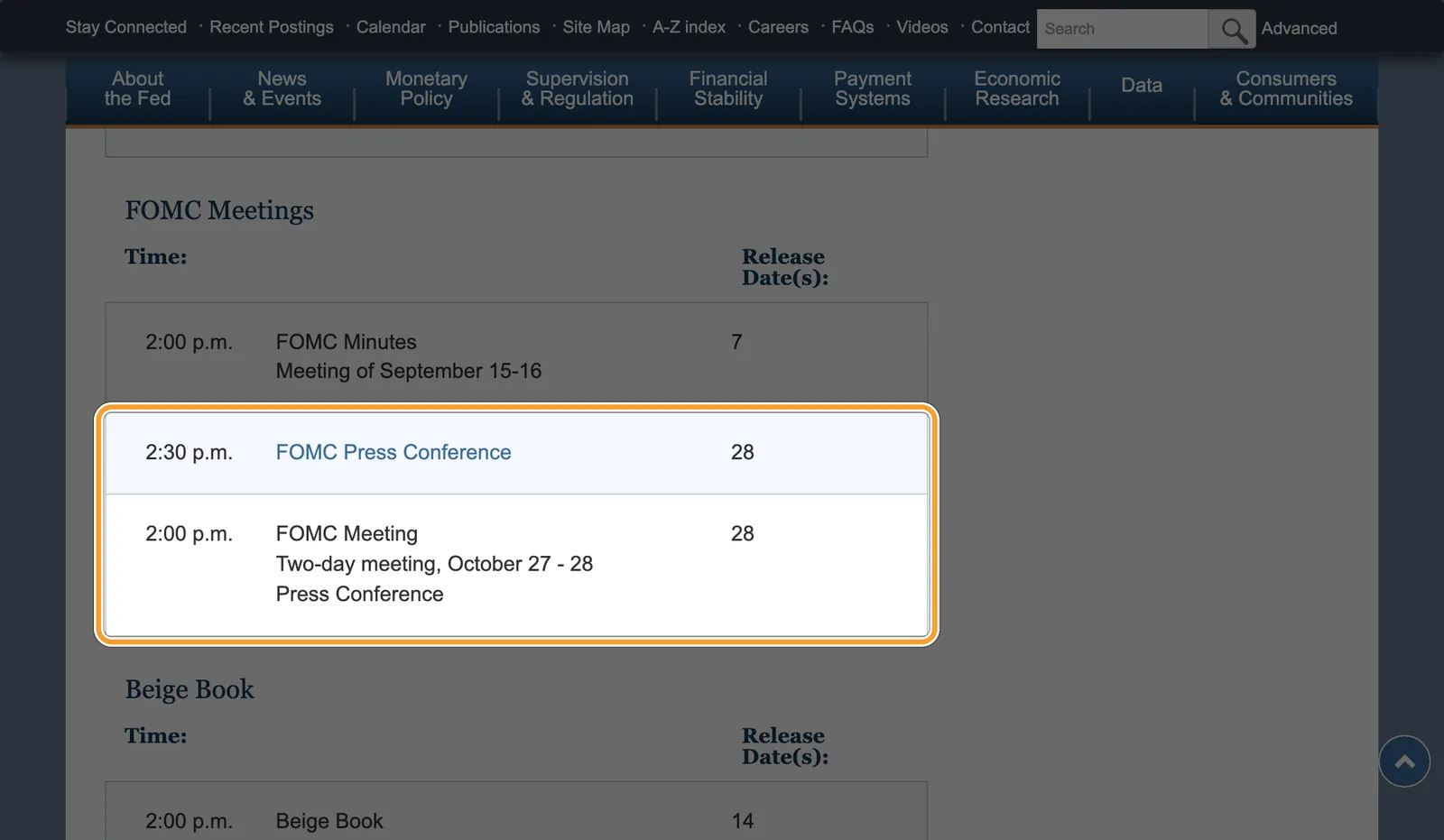 Календар ФРС за жовтень 2026: рядки FOMC Meeting о 2:00 p.m. і FOMC Press Conference о 2:30 p.m. 28 жовтня виділено рамкою