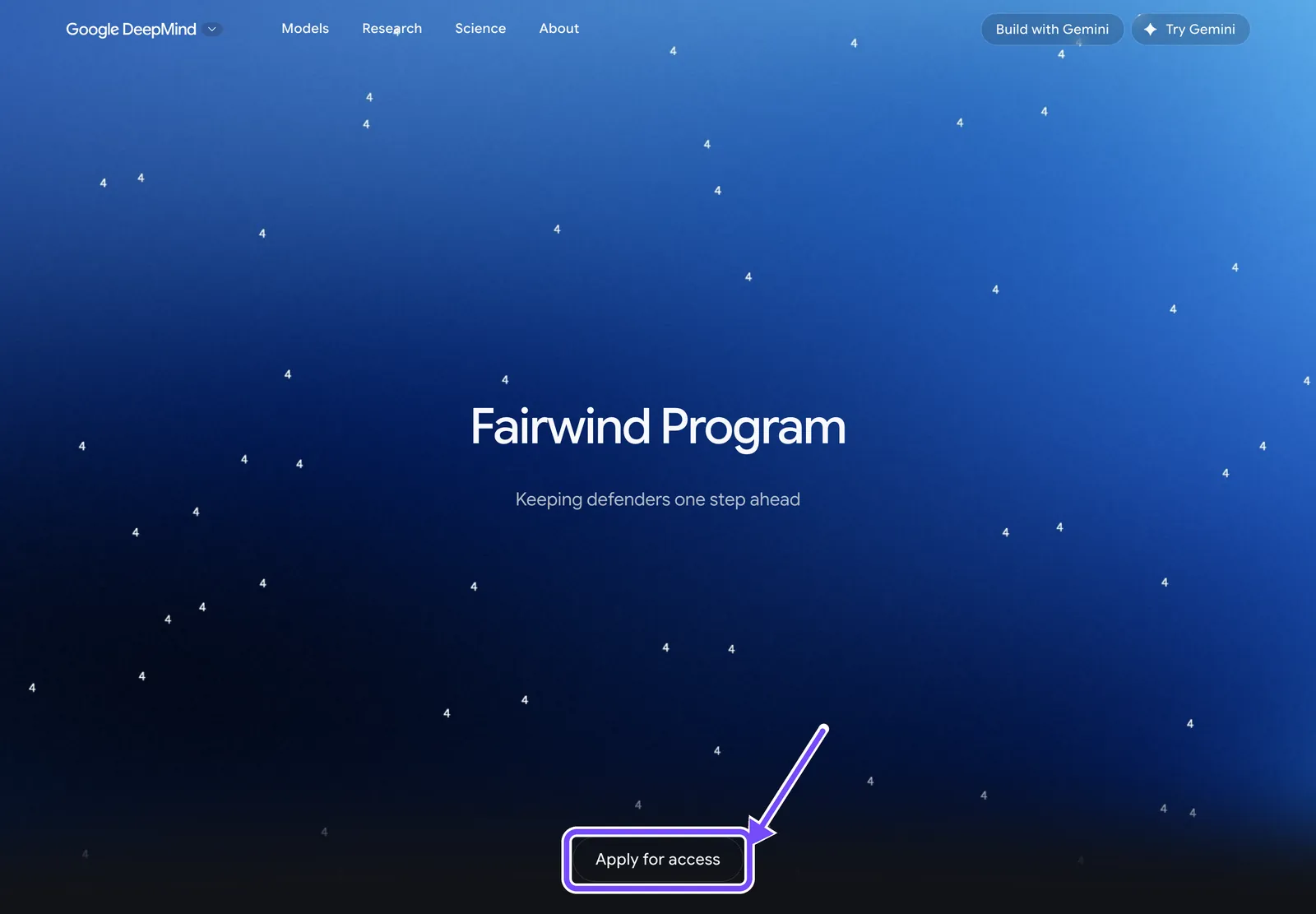 Страница программы Fairwind от Google DeepMind: стрелка указывает на кнопку Apply for access
