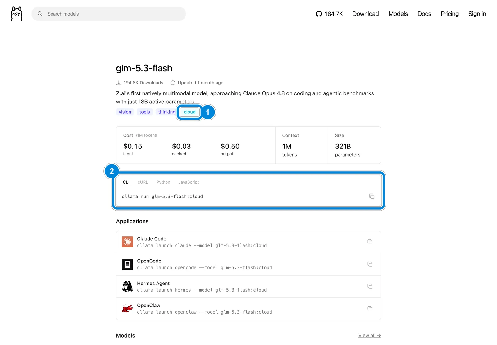 Сторінка glm-5.3-flash у бібліотеці Ollama: рамка 1 — мітка cloud, рамка 2 — команда запуску із суфіксом :cloud