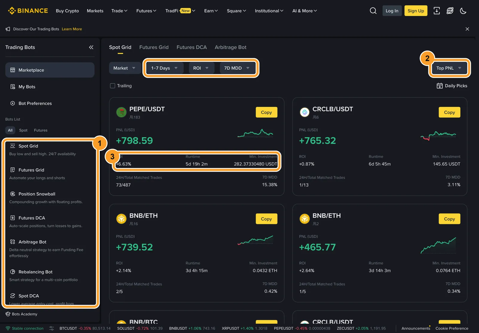 Публичная страница Trading Bots на Binance 25 октября 2026 года: список ботов от Spot Grid до Spot DCA, сортировка Top PNL с фильтром 1–7 дней и карточка бота с ROI и временем работы