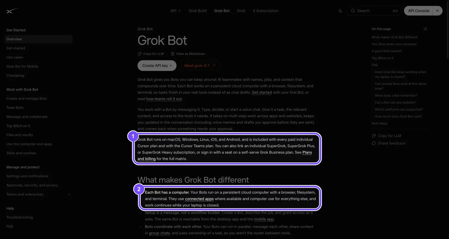 Документация xAI о Grok Bot: платформы, планы доступа и облачный компьютер у каждого бота