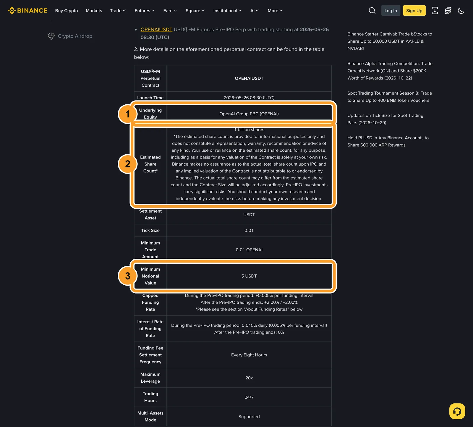 Оголошення Binance про OPENAIUSDT: базовий папір OpenAI Group PBC, оціночна кількість акцій 1 млрд і мінімум 5 USDT