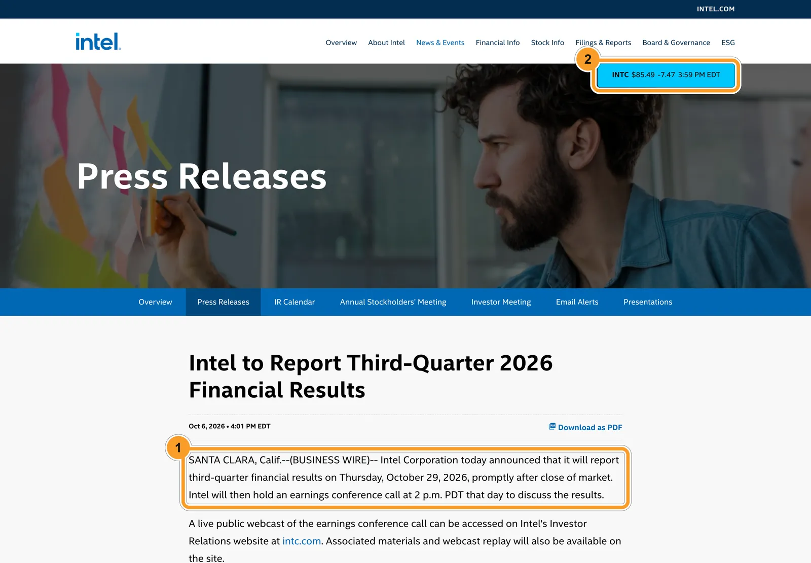 Пресс-релиз Intel о дате отчёта за III квартал 2026 года и котировка INTC на закрытие 22 октября