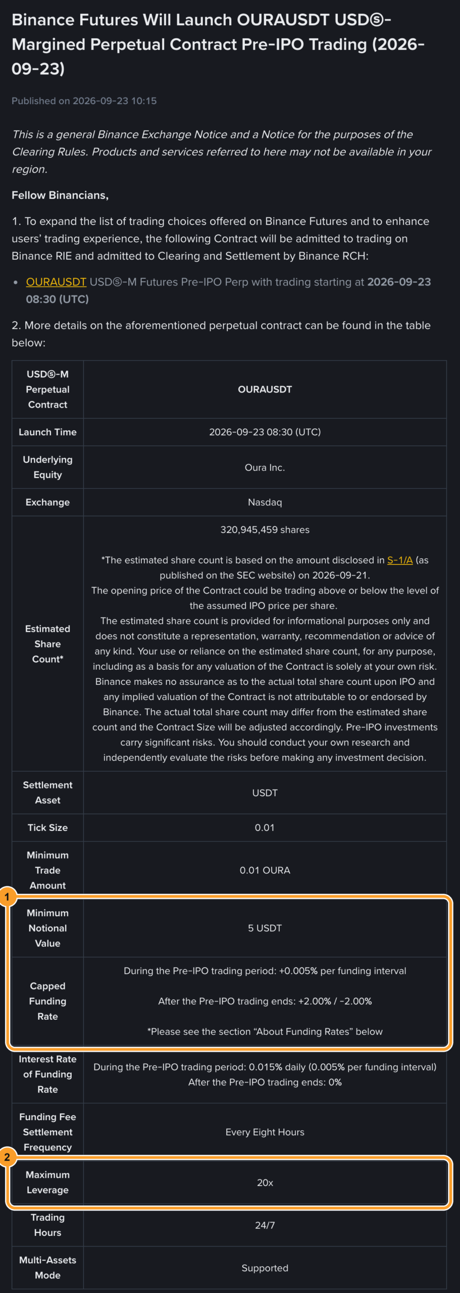 Оголошення Binance про запуск контракту OURAUSDT Pre-IPO: мінімум 5 USDT, фандинг +0,005% за інтервал і плече до 20x