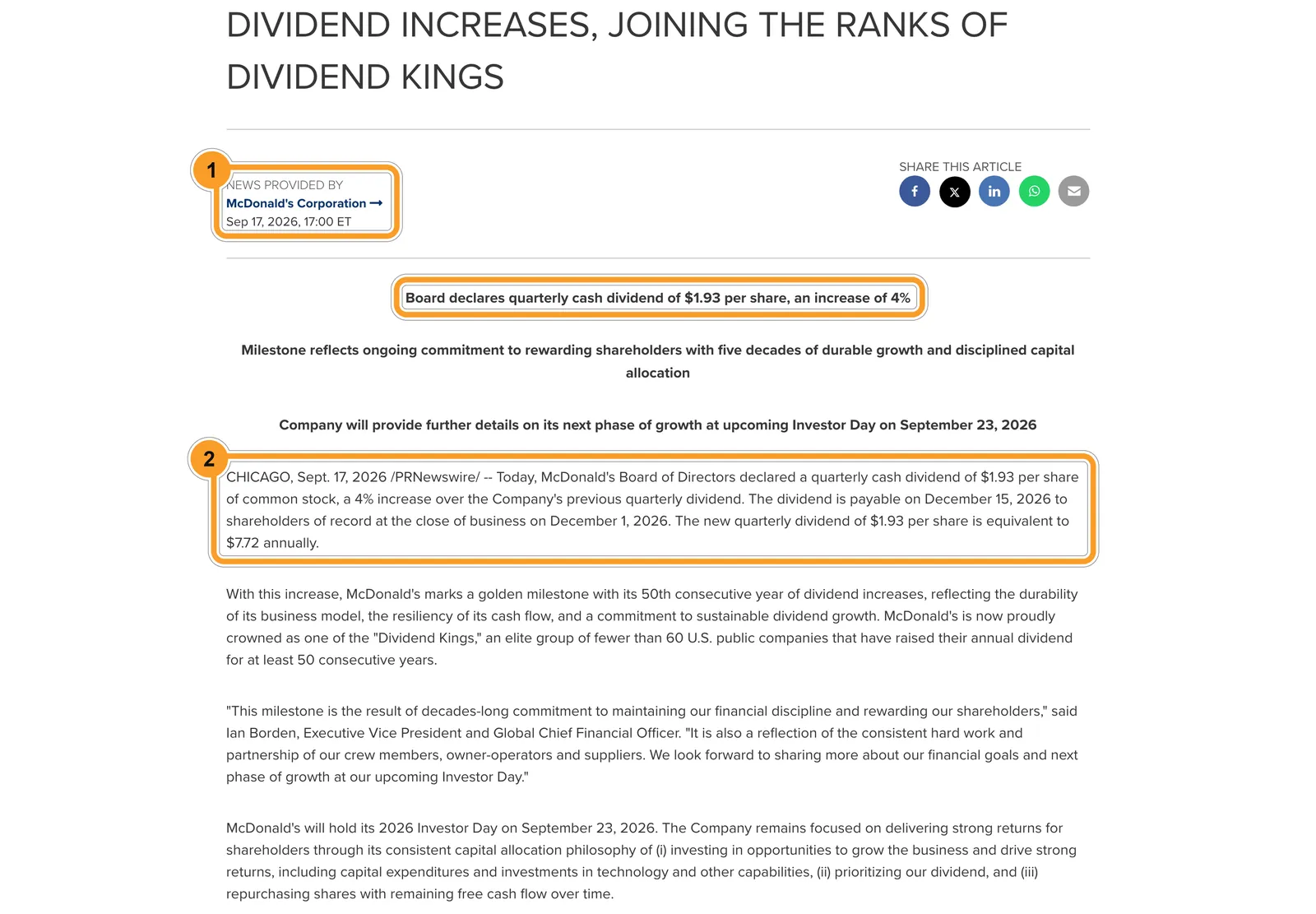 Пресс-релиз McDonald's на PR Newswire от 17 сентября 2026 года: дивиденд 1,93 доллара на акцию, выплата 15 декабря, реестр на 1 декабря