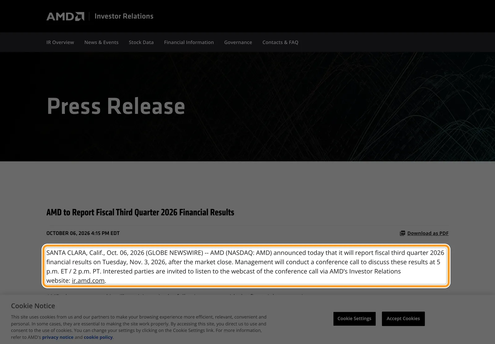 Пресреліз AMD від 6 жовтня 2026 року: звіт за третій квартал 3 листопада після закриття ринку, дзвінок о 17:00 за Нью-Йорком