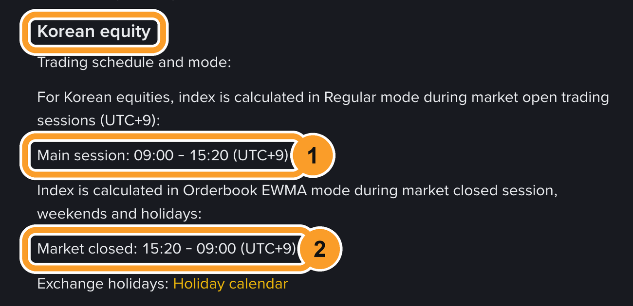 Справка Binance о TradFi-перпах, раздел Korean equity: обычный режим 09:00–15:20 и режим по стакану 15:20–09:00 по UTC+9