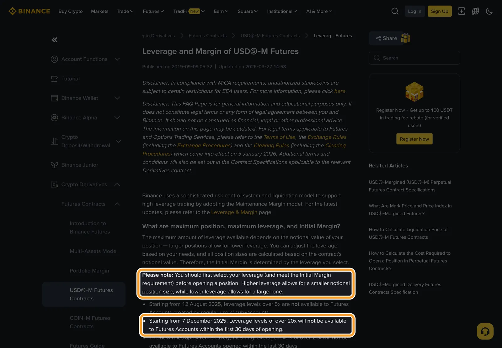 Довідка Binance Leverage and Margin of USDⓈ-M Futures: плече обирають до відкриття позиції, новим акаунтам перші 30 днів недоступне плече понад 20x