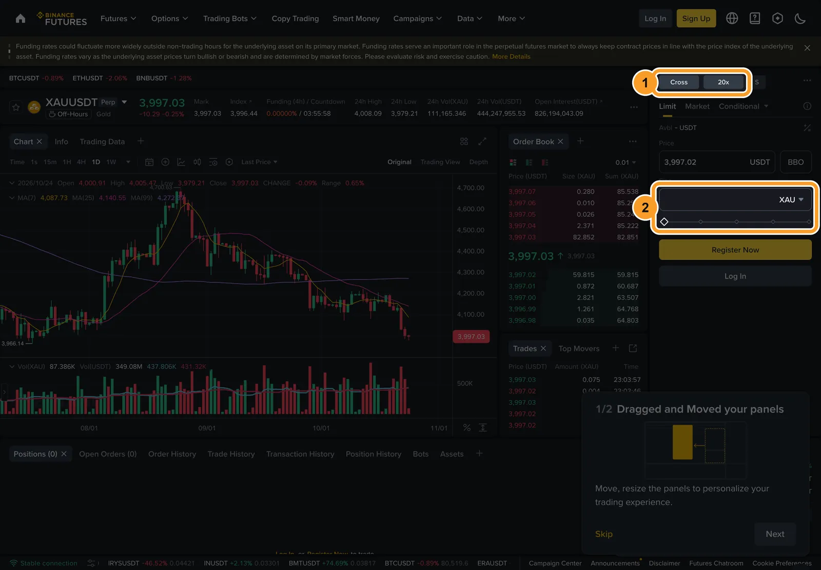 Публічна сторінка контракту XAUUSDT на Binance Futures 24 жовтня 2026 року: режим маржі Cross і плече 20x над формою ордера, поле розміру позиції