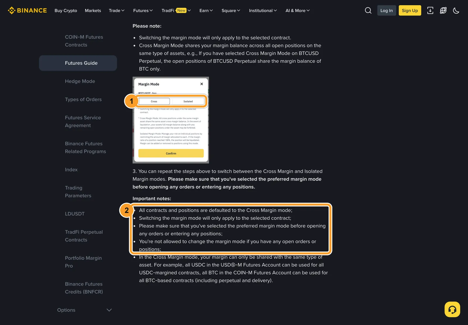 Довідка Binance про режими маржі, 24 жовтня 2026 року: вікно Margin Mode з вибором Cross та Isolated і блок Important notes