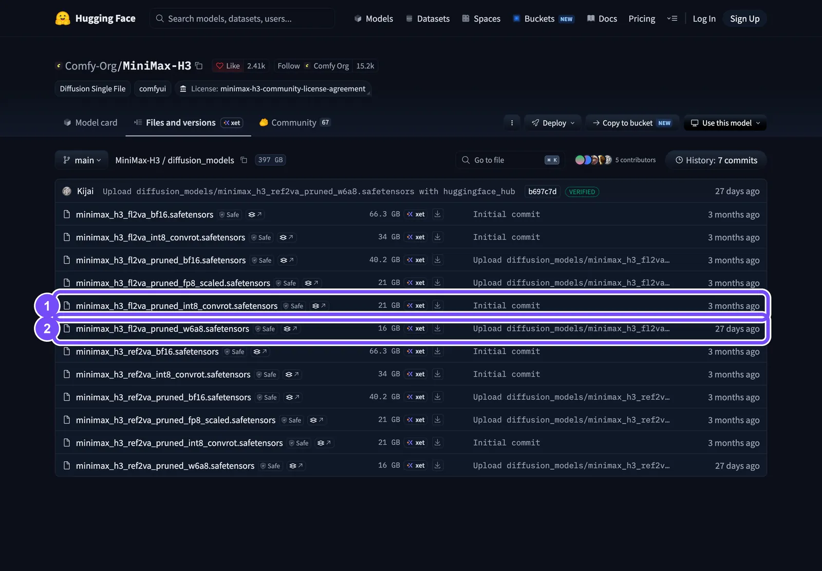 Папка diffusion_models репозитория Comfy-Org/MiniMax-H3 на Hugging Face с размерами чекпойнтов H3